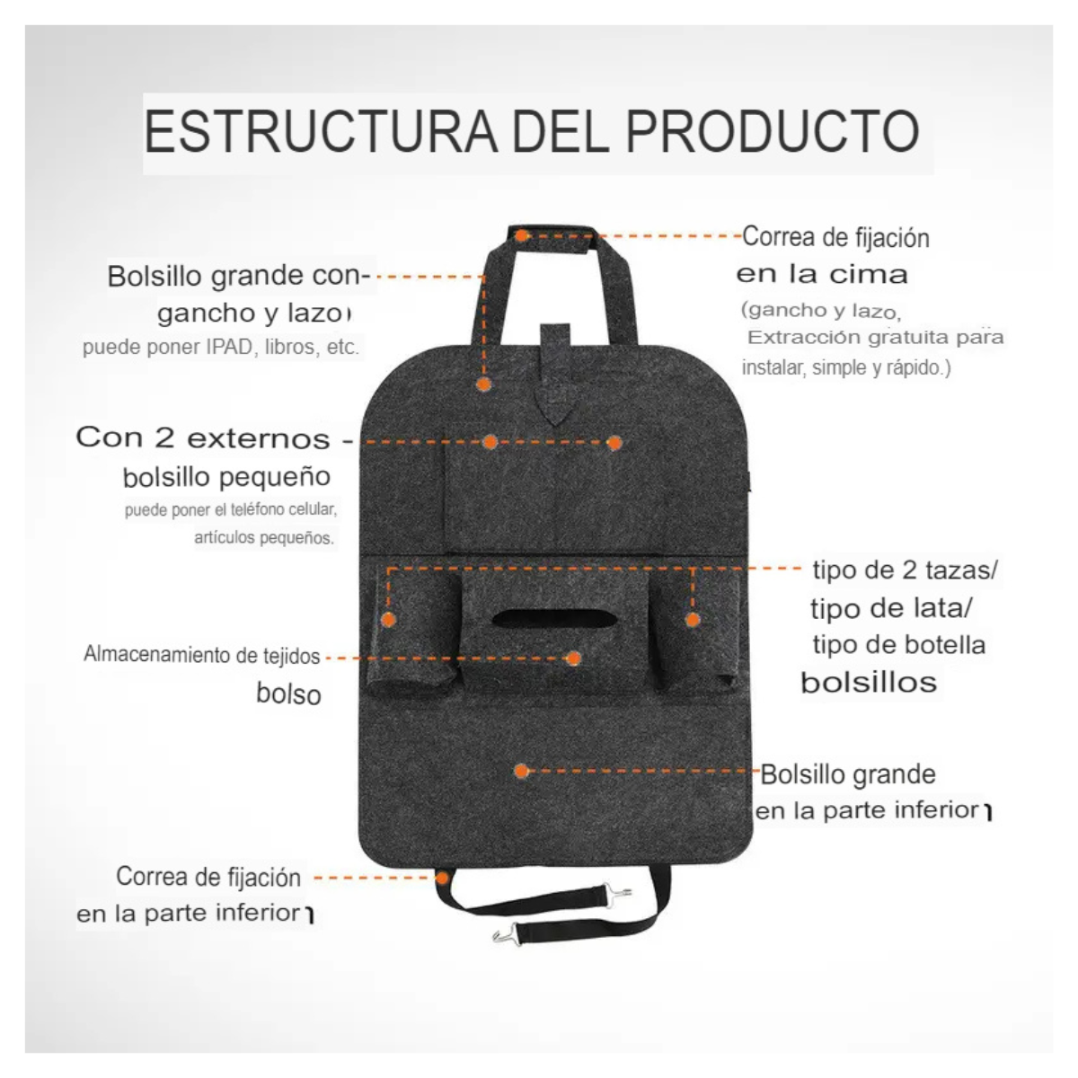 Organizador Trasero para Asiento de Auto con 6 Bolsillos